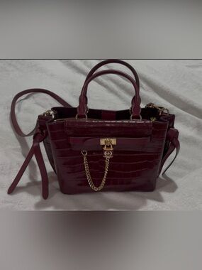 Rare Michael Kors Deep Burgundy Croc-Embossed Leather Satchel with Gold Hardware
